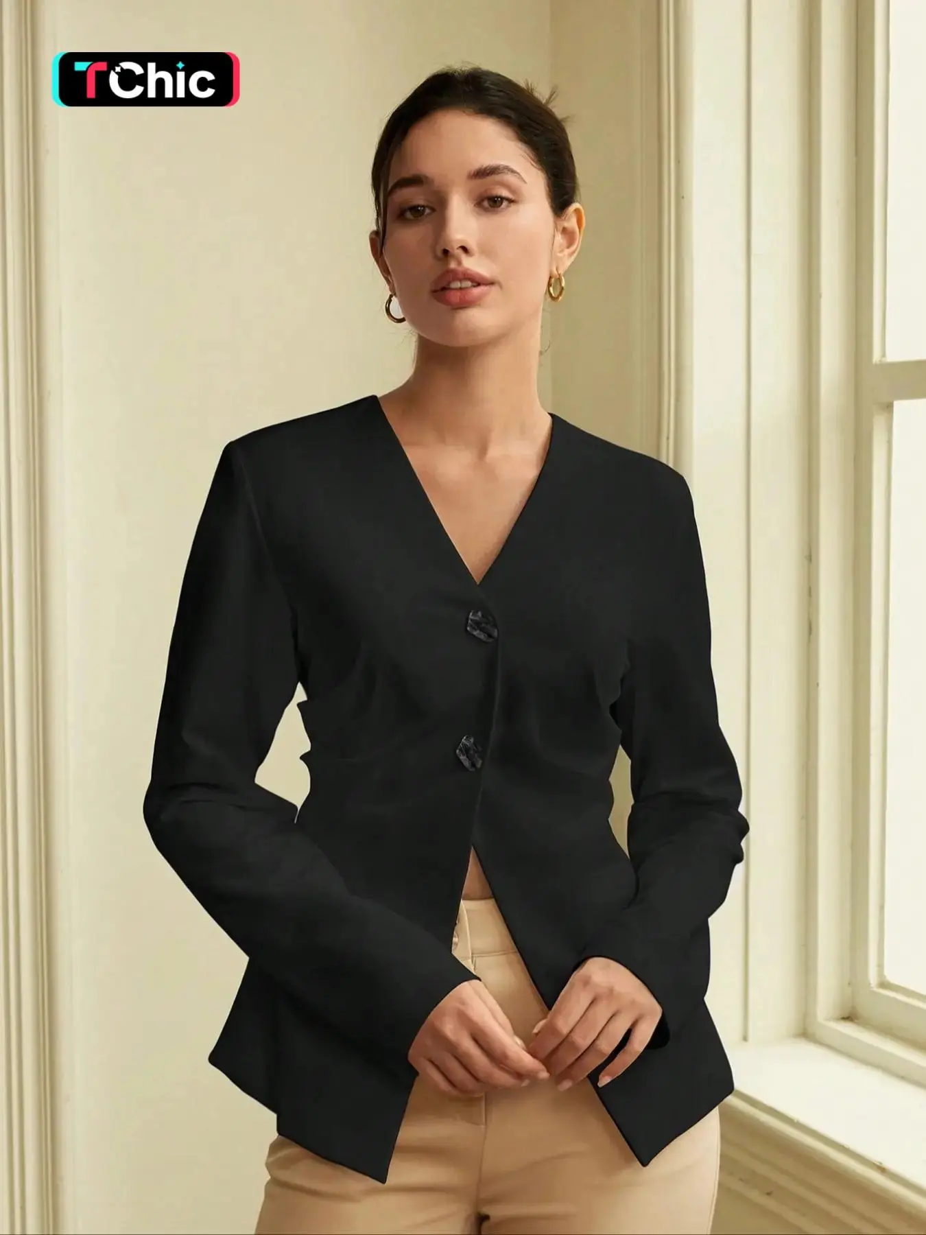 Women's Solid Ruched Button Front Blazer, Minimalist V Neck Long Sleeve Blazer for Work Office Business, Ladies Spring & Fall Clothes
