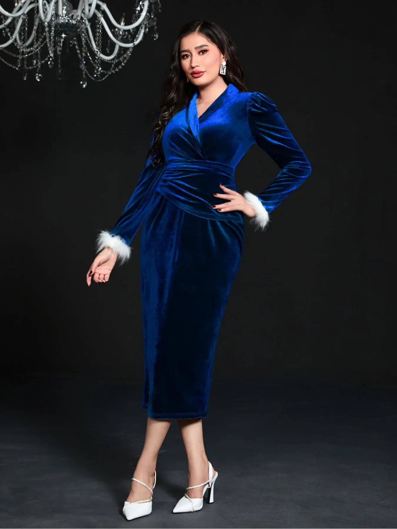 Arabic Clothing-Women's Contrast Faux Fur Ruched Wrap Shawl Collar Dress, Elegant Long Sleeve Arabian Dress for Spring & Fall, Women's Islamic Clothing for Evening Party Vacation