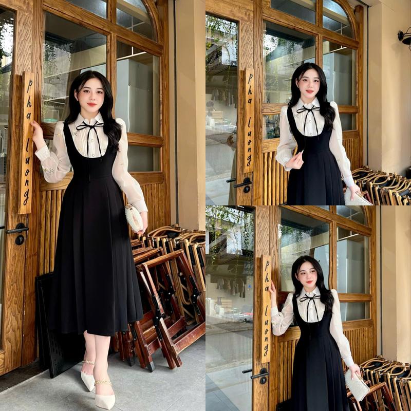 Váy Thiết Kế Evii N23 dành cho nữ Đầm thiết kế cổ Đức phối tơ thêu hoa vàng thủ công dáng dài che khuyết điểm bụng phù hợp đi làm đi chơi và đi dự tiệc Women Dress Voan Đen