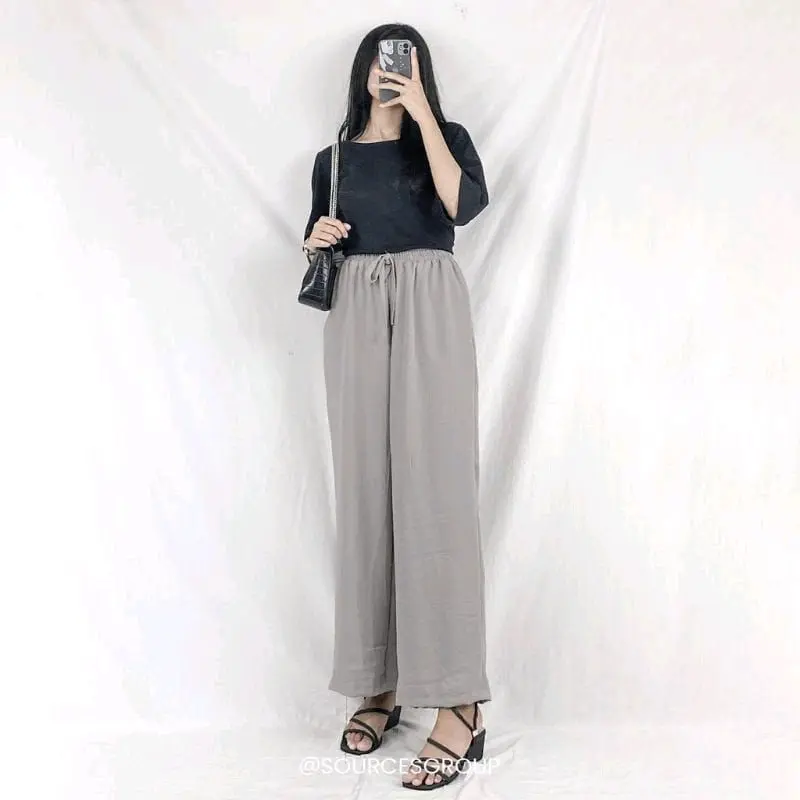 Celana Kulot Crinkle Airflow Tali Serut Karet Highwaist Wanita Panjang