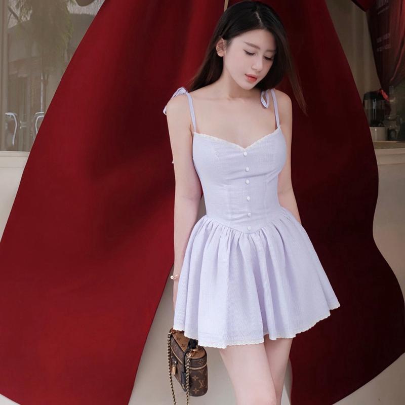 | LUCIE dress by DELVY | Đầm xoè hai dây hoạ tiết sọc trắng cute xinh iu màu tím sữa pastel