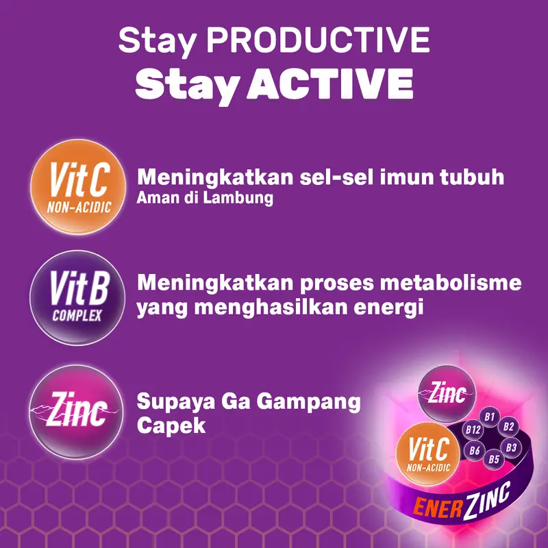Enervon Active Non-Acidic Vitamin C, B Complex, Zinc Suplemen Multivitamin dan Mineral Isi 30 Tablet (1 Botol x 30) 2