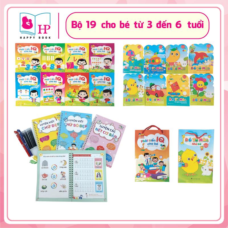   HAPPYBOOK  Bộ 19 quyển sách cho bé 3 đến 5 tuổi   8 quyển tô màu + 8 quyển IQ + 3 quyển viết tự xóa kèm quà tặng  sach chobe sachtap tocho be sach  vetuxoa to 