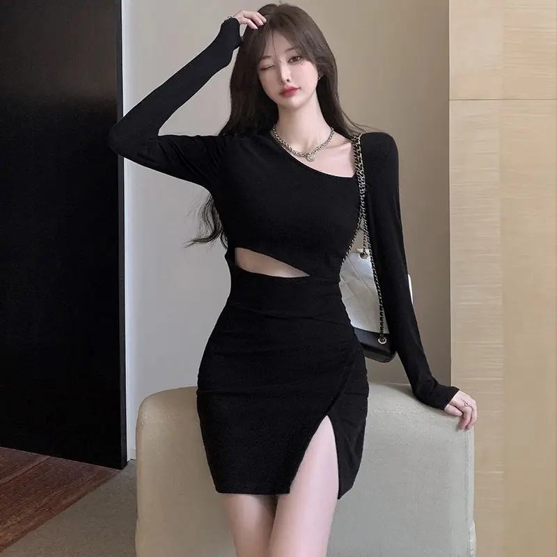 Hotsweet Sheath Long Sleeve Dress Women Asymmetrical Sexy Ladies Mini Streetwear