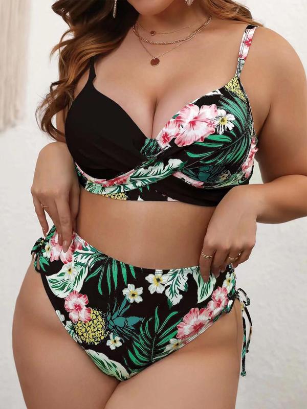 Summer 2024 Plus Tropical Print Wrap Swim Top & Tie Side Swim Panty Curve Bikini Set, New Boho Push Up Swim Top & High Waist Swim Bottom Swimsuit Sets Beach Vacation, Plus Size Bathing Suits For All Seasons, Spring Fashion for Women 7