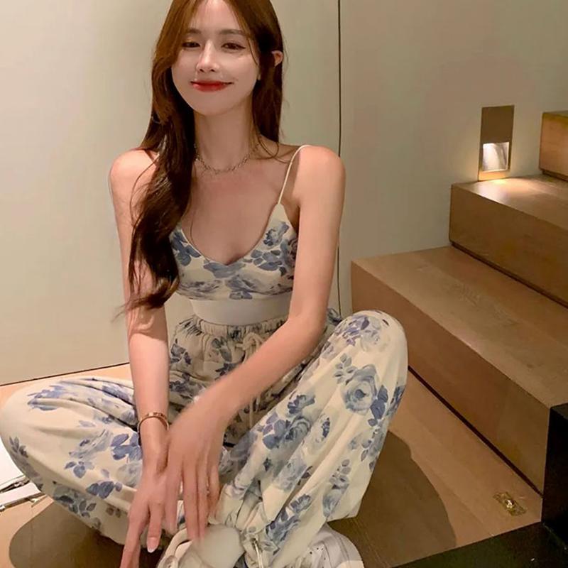 Women 2 Pieces Temperament Outfits, Floral Print V-Neck Spaghetti Strap Camisole + Drawstring Elastic Waist Long Pants Set 1
