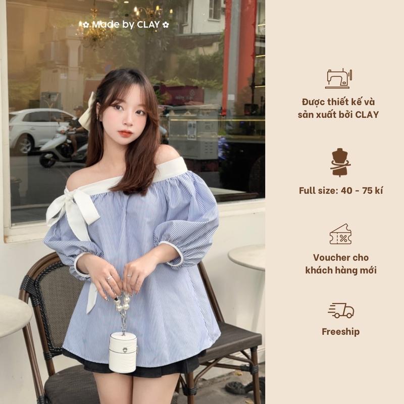 Uri Top - Áo trễ vai thắt nơ kẻ sọc tay bồng vải kẻ tiểu thư Nữ Women Clay Clothing