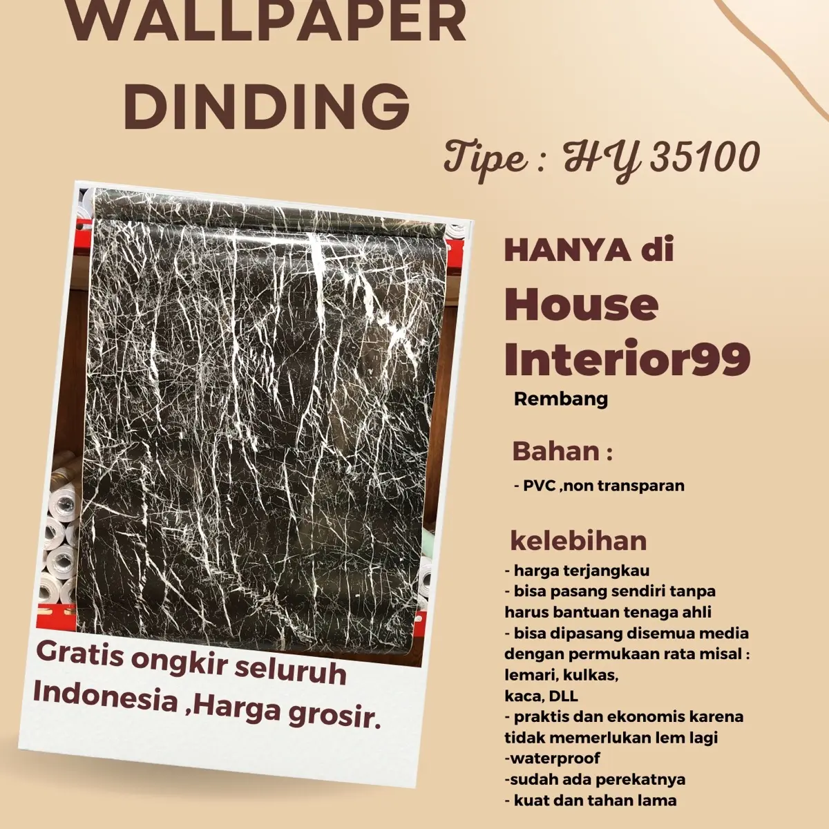 Wallpaper dinding motif marmer abstrak panjang 10m x 45cm
