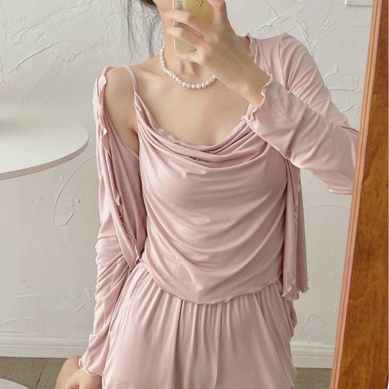 Set 3 món mặc nhà áo cổ đổ chất thun cotton lạnh ( áo có mút, quần có túi) mã #39 Nữ Quần Ngủ 2