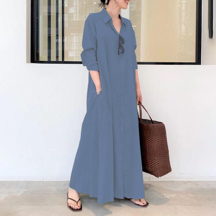 Product Introduction of Women European and American style cotton linen solid color lapel long sleeve insert bag simple loose casual long shirt dress 56