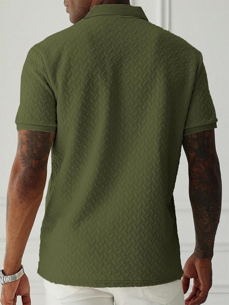 Product Introduction of Men's Regular Fit Plain Jacquard Polo Shirt, Casual Short Sleeve Button Collar Top for Summer, Fashion Men's Clothes for Daily Wear 7