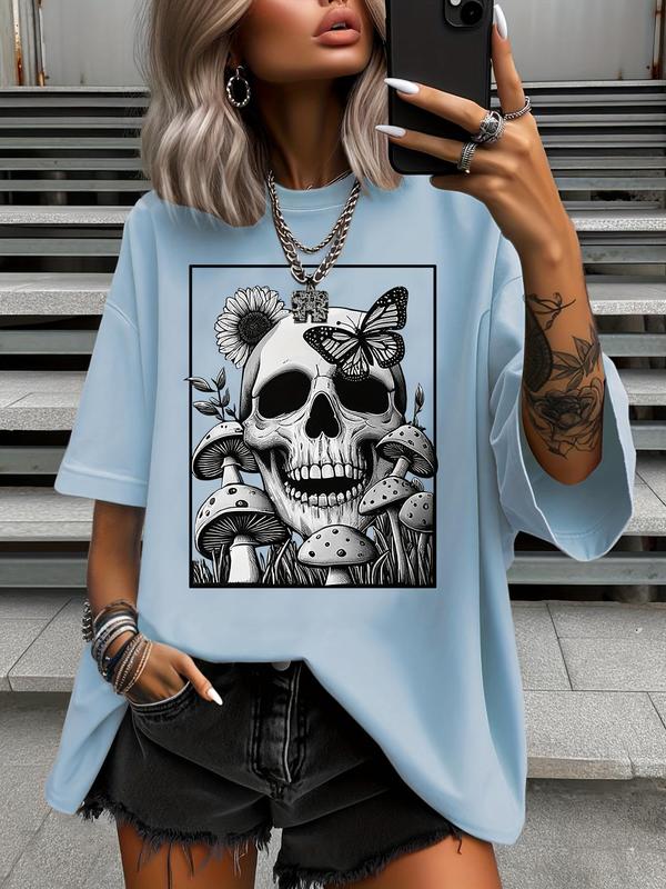 【Plus Size】butterfly & Skull & Sunflower & Mushroom Print Round Neck Tee, Loser Core Outfits Casual Drop Shoulder Half Sleeve T-shirt for Summer, Graphic Tees, Halloween Women's Plus Clothing for Daily Wear, Tops 3