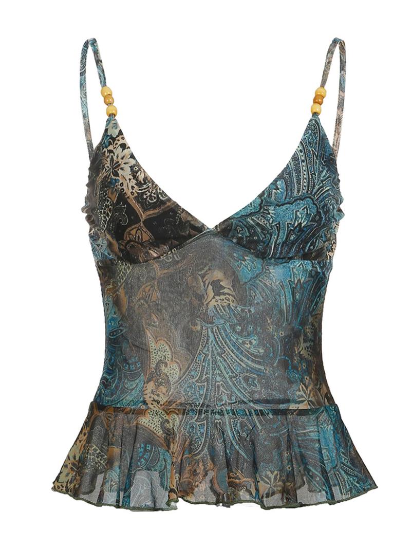 Product Introduction of Women's Vintage Print Cami Top, Casual Spaghetti Strap Sleeveless Top for Summer, Ladies Clothes for Beach Holiday 6