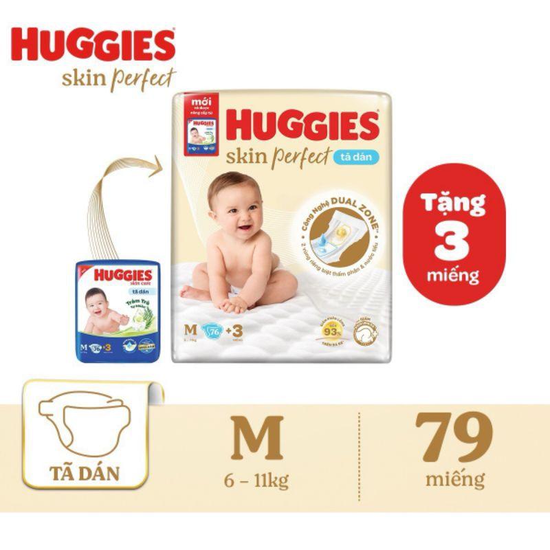 Tã dán Huggies Skin Perfect size M 76 + 3 miếng (6 - 11 kg) với hai vùng thấm ngăn thấm ngược giảm kích ứng da cho bé Nhộng Chũn