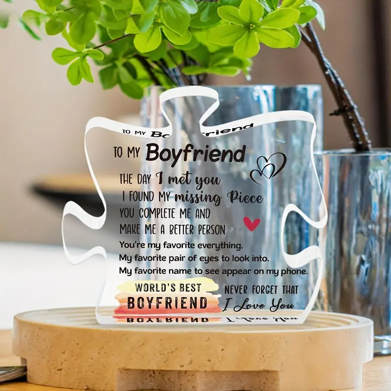 To My Boyfriend Heart & Letter Pattern Puzzle Shaped Acrylic Plaque, Creative Desktop Ornament, Decorative Plaque for Home Living Room Bedroom Office, Valentines Gift for Him 3