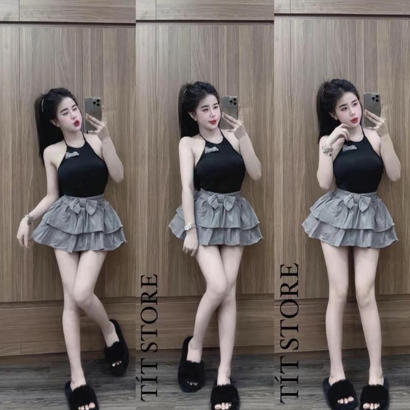 set áo yếm đính nơ mini kèm chân váy xoè nhún thun
