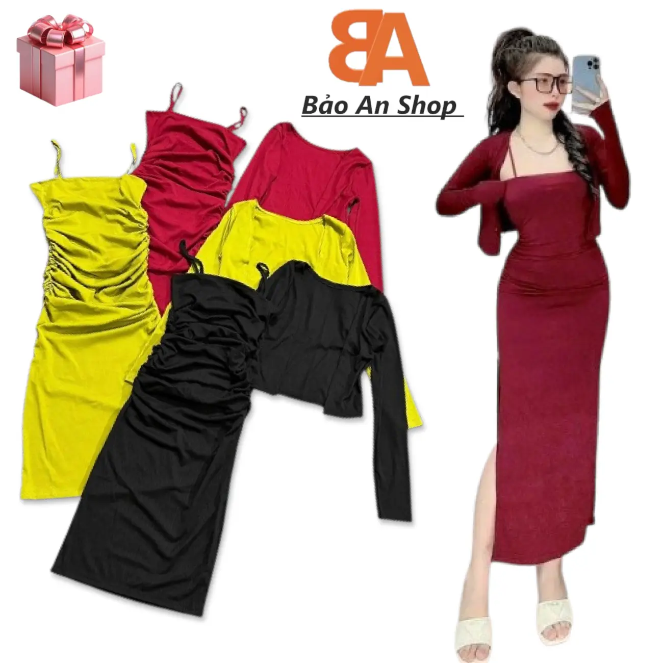 [SB85] Sét bộ nữ 2 món dầm dây ôm body xẻ đùi chất vải thun tăm lạnh kèm áo khoác lững tay dài Free Size Voi Thun Top