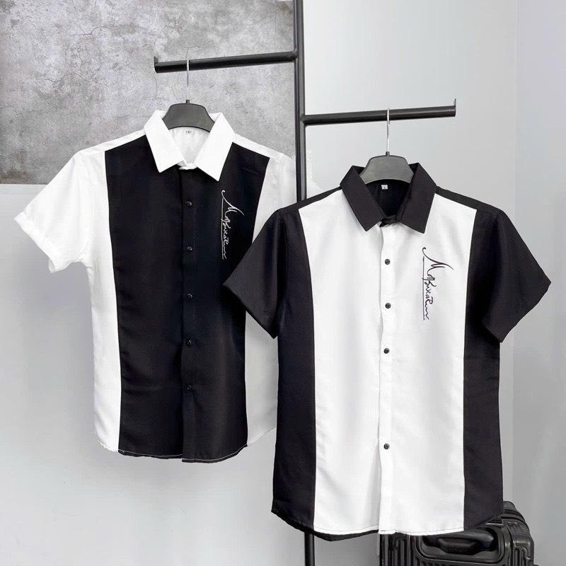 Áo sơ mi tay ngắn chất lụa mango phối hai màu đen trắng thêu chữ kí SM11 Nam Menswear Cổ Tròn áo  sơ