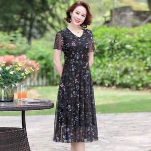 Stretch Gauze Korean New Style Lace Temperament Floral Print Dresses Women Short Sleeve Mother Plus Size V-neck Middle age A-line Dress age reduction