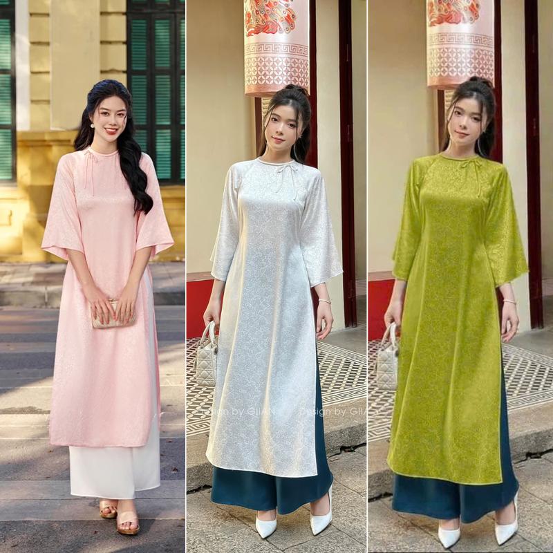 Áo Dài Gấm Tơ Dáng Xuông Tết Cổ Cách Điệu Xinh Xắn Dễ Mặc Cho Nữ, Áo dài Xuông đính nơ tay hơi loe Nữ Women
