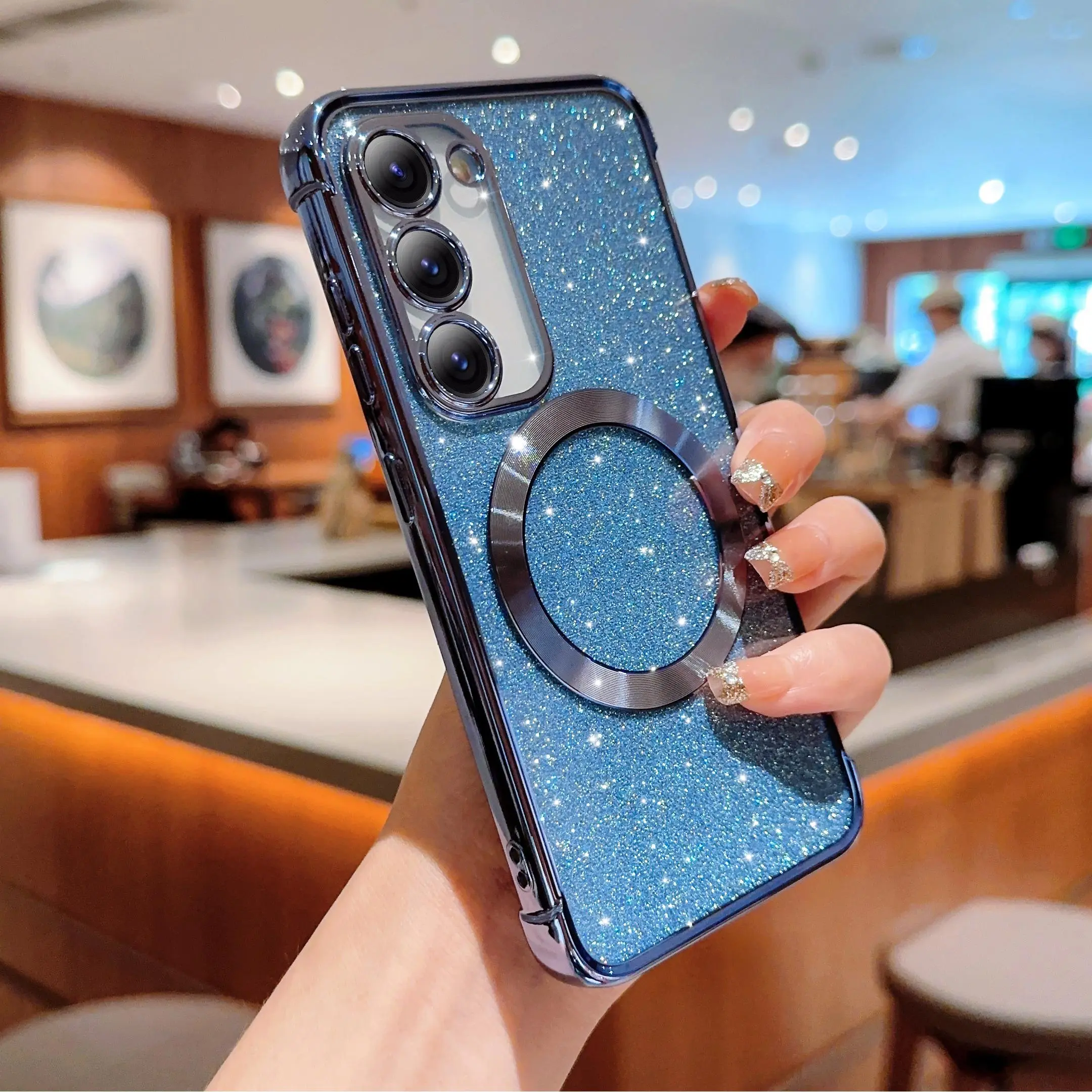 Glitter Phone Case with Lens Protector, Magnetic Phone Protective Cover, Phone Accessories Compatible with Samsung Galaxy S21 S22 S23 S24 S25, Casing