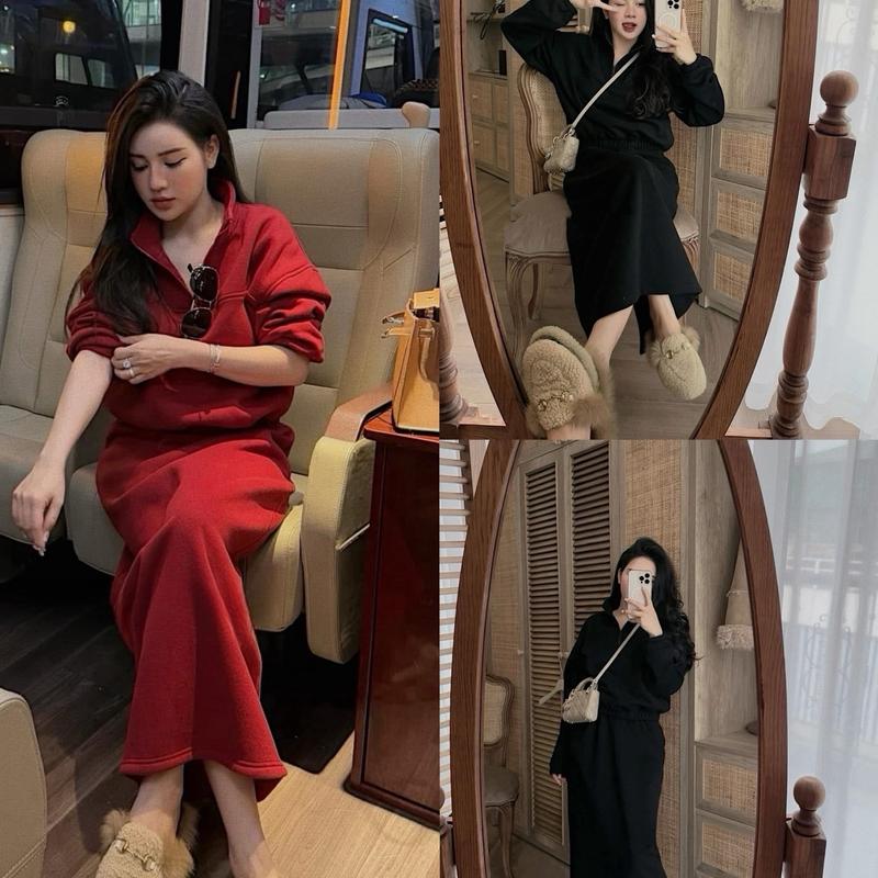 CHẤT NỈ MỚI 2025 SET BỘ NỮ KAB ÁO DÀI TAY CỔ TRỤ KÉO KHOÁ FOM DÁNG LỬNG PHỐI CHÂN VÁY DÁNG DÀI XẺ SAU CHẤT NỈ ÉP HÀN DÀY DẶN,ẤM ÁP,HÀNG MAY TRUNG KĨ MS447