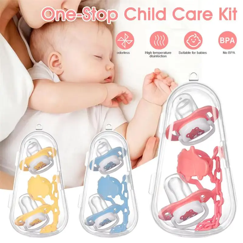 3 In 1 Pacifiers for Babies Set 2 PCS Silicone Nipple  Pacifier Clip For Newborn Chew Toy Dustproof Storage Box Baby Goods