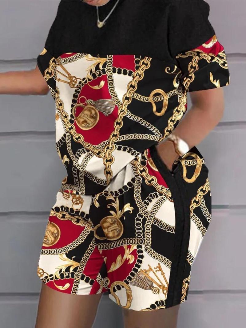 Product Introduction of Women's Patchwork Chain Print Two-Piece Set, Fashion Short Sleeve T-Shirt & Pocket Shorts, Ladies Outfits for All Seasons, Womenswear, Shortsleeve 7