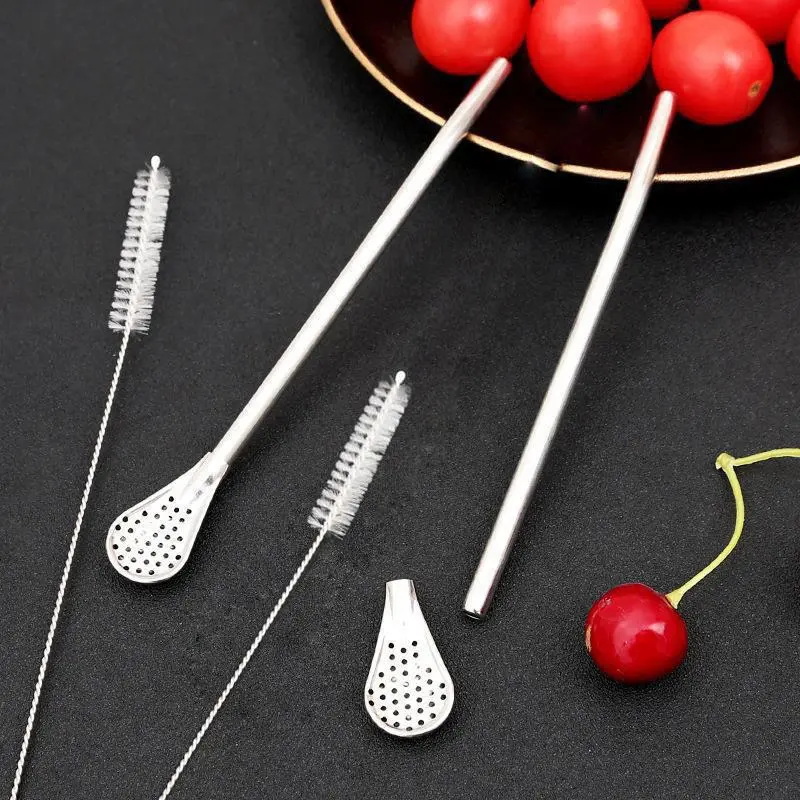 Stainless Steel Straw & Strainer Spoon, 2 Counts/set Long Handle Straw Spoon with Brush, Drinking Straw, Kitchen Accessories for Home Office Picnic