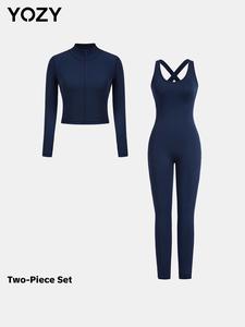 YOZY-GOOO Women's Solid Zip Up Crop Top & Cut Out Overalls Jumpsuit Two-piece Set, Sporty Long Sleeve Stand Collar Top & Sleeveless Jumpsuit for Outdoor Wear, Ladies Clothes for All Seasons