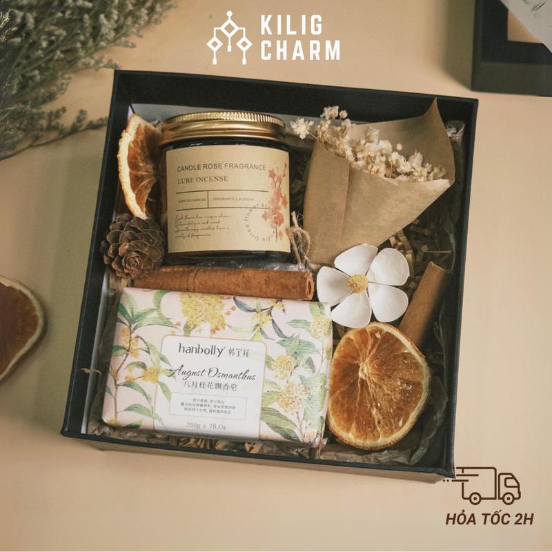 Set Quà Nến Thơm Giáng Sinh Noel 10 Món Tự Chọn Hộp Cứng Kèm Túi Đựng Xà Bông Gấu Bông Trà Hoa Khô Decor KS03