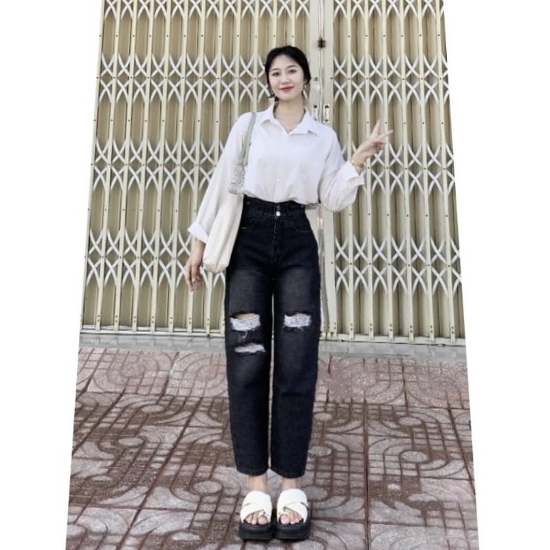 (Shop jean beutyfull 01) Quần Baggy rách nhẹ cạp cao thời trang Nữ Women Lưng Cao Pants Denim Có Túi 0