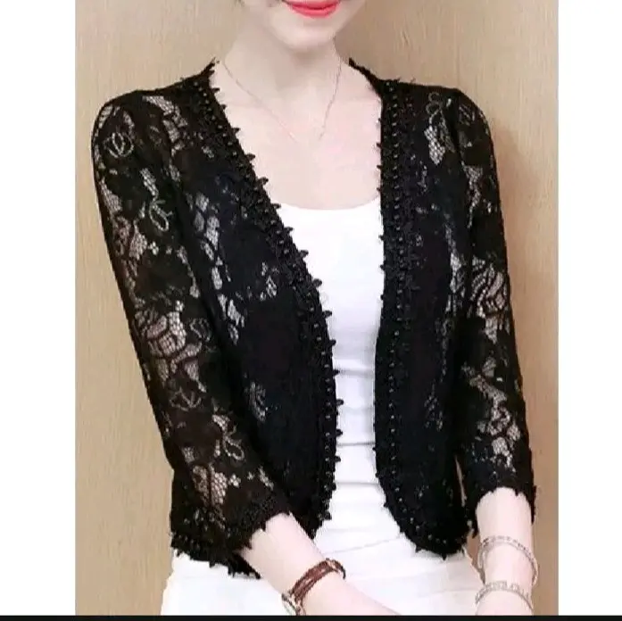 Outer Brukat Renda Korea Berkualitas Tinggi - Model Minimalis dan Elegan - Variasi,Muslim Bunga Cantik Hitam Motif Wanita Panjang Cardigan Kardigan Katun Santai  Kondangan Baju