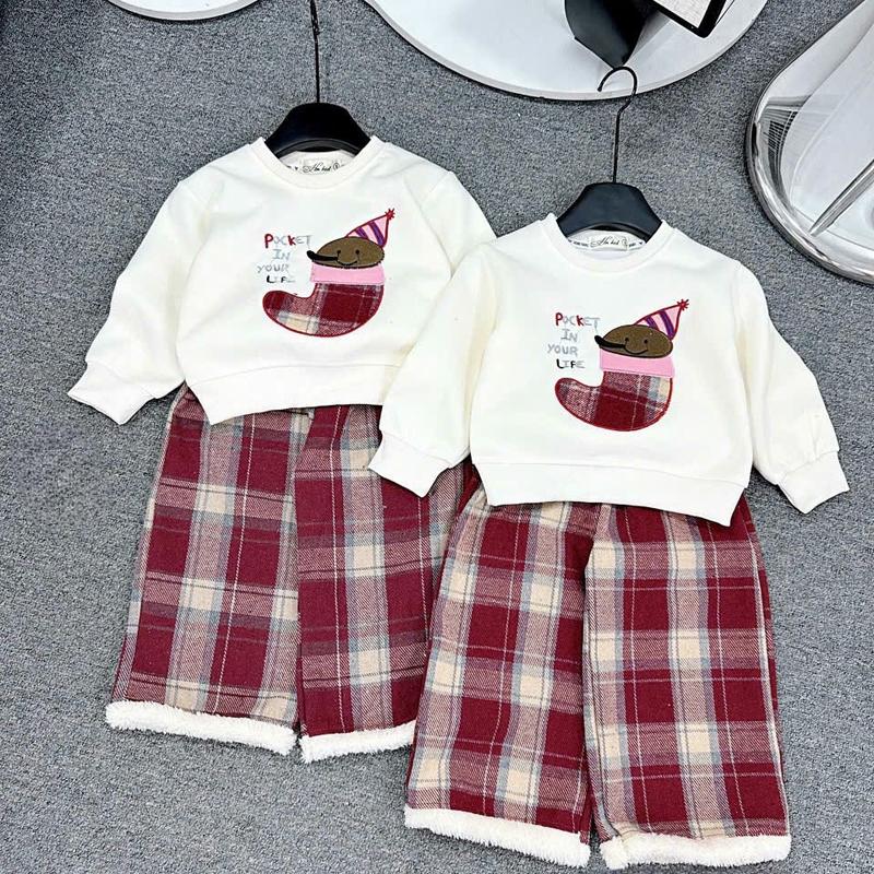 [Poba.51] set xinh cho diện noel, diện tết. Áo nỉ ép 2 da hình thêu đắp đẹp, phối quần dạ kẻ đồ bé gái