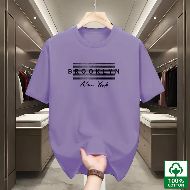 Áo Thun Cổ Tròn Thời Trang Nam, 100% Cotton, ngắn Tay Thoải Mái Và Thoáng Khí, Phong Cách Dễ Phối Đồ Thường Ngày Thích Hợp Cho Mùa Hè, Cỡ M-XL, Ngoại Cỡ, Có Màu Xanh Lá Cây, Hồng, Tím Và Trắng, In " NewYork " 5