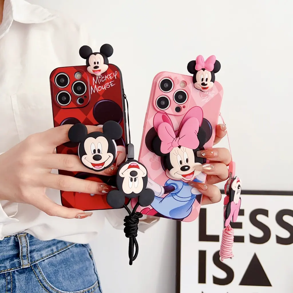 Cartoon Minnie Mickey Toy Phone Casing For iPhone 15 14 13 Pro Max 13 Mini 14 Plus 15 Plus Case Strap Rope With Holder Soft Silicone Cove