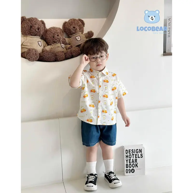Bộ Cộc Áo Somi Họa Tiết Trái Cây Kèm Quần Short Jean Mềm Bé Trai 10-28Kg 1