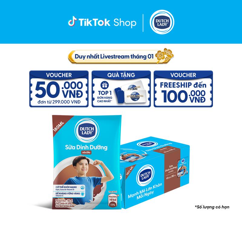Thùng 48 Bịch Sữa Dinh Dưỡng Dutch Lady Cô Gái Hà Lan Hương Socola 180ml 48x180ml