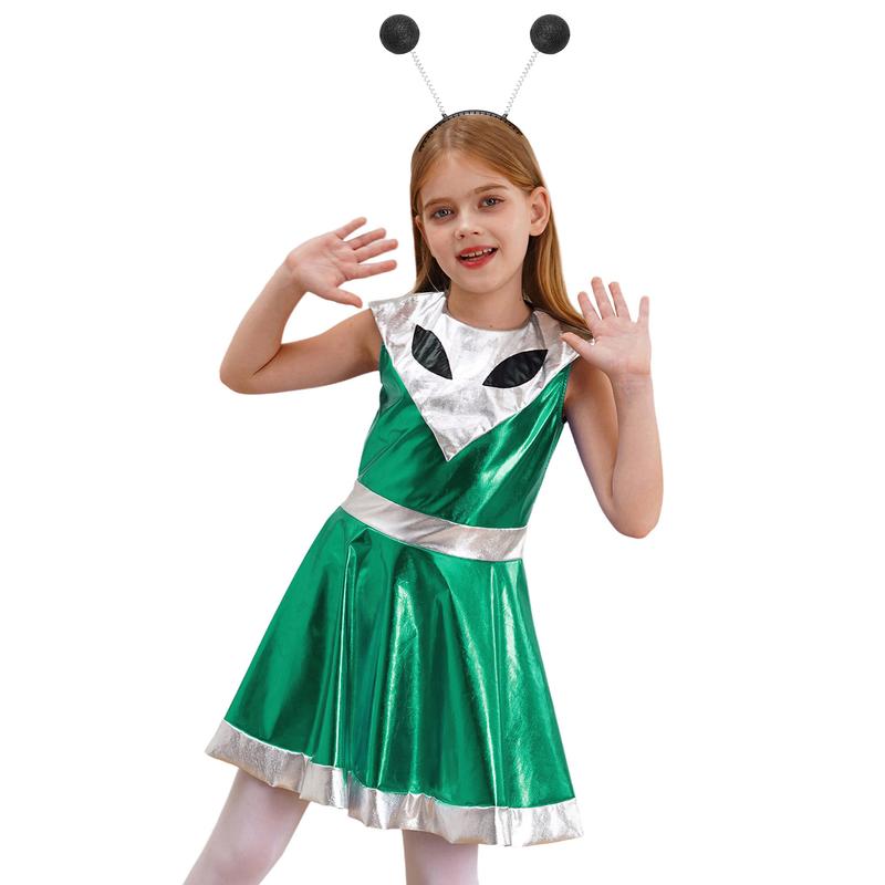 TiaoBug 2Pcs Girls Alien Space Outfit Metallic Sleeveless Dance Dress Astronauts Cosplay Costume 2