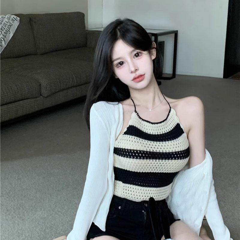 Product Introduction of [2241 People Collected] Summer Pure Desire Style Halter Neck Off-Shoulder Sweet Spicy Girl Striped Camisole Vest for Women Tight Slimming Inner Wear Top Outer Wear 9