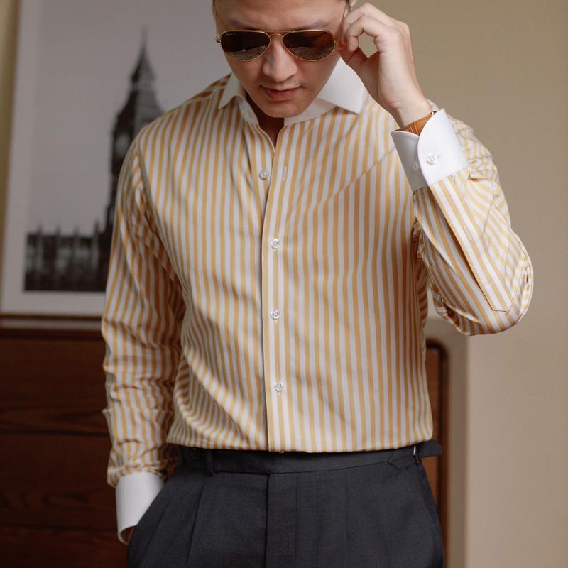 [LIMITED] Sơ mi nam hoạ tiết kẻ vàng winchester chất cotton cổ Cut away - BURATINO
