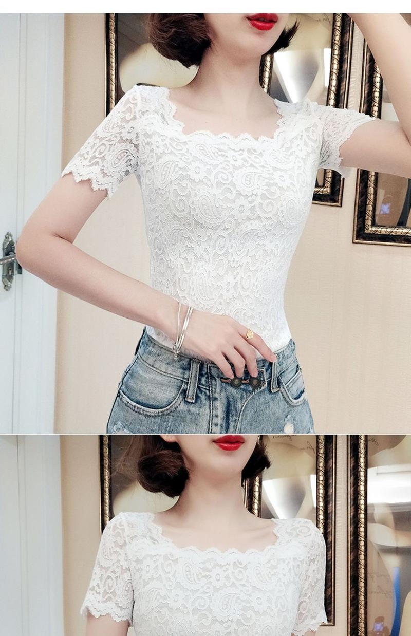 Product Introduction of Áo Sơ Mi Ren Bên Trong, Cổ Vuông, ngắn Tay Áo, Thiết Kế Đẹp, Lưới Mỏng Vừa Vặn, Áo Xương Đòn Lộ Ra, Áo Thun Bó Sát Thanh Lịch Cho Nữ 11