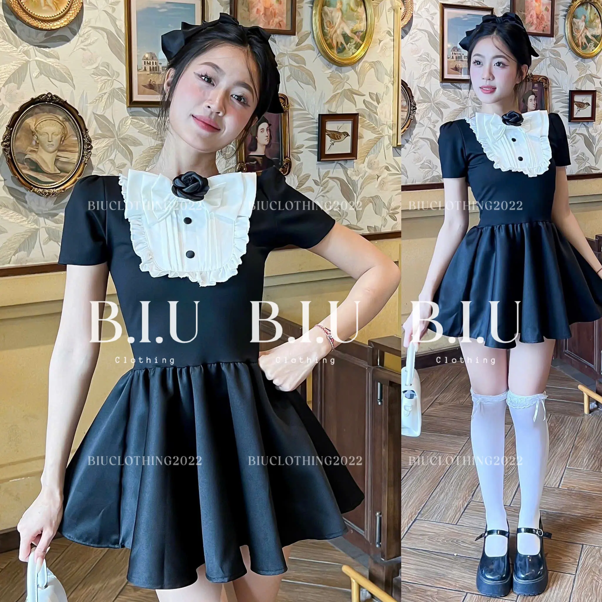 Đầm tay ngắn bèo nơ cổ đính nút tà xòe tiểu thư thanh lịch sang chảnh Cary Dress Biu Clothing BB0391 Nữ Women Đen váy  tiệc