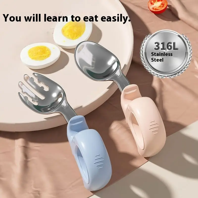 Baby autonomous feeding, complementary food spoon, one year old baby feeding training, children's stainless steel short handle tableware