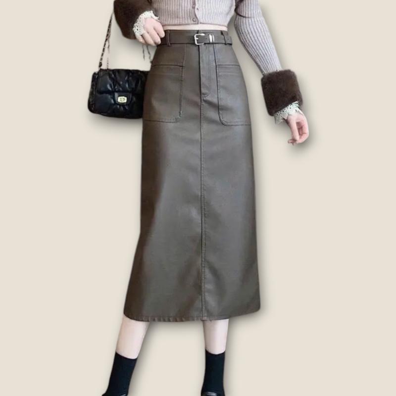 Product Introduction of Chân váy da dáng dài xẻ tà sau kèm đai,túi trước-chân váy hot Nữ Women chân  váy 7