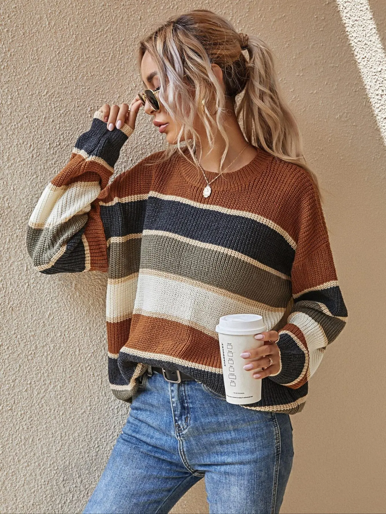 Women's Colorblock Striped Print Drop Shoulder Sweater, Casual Long Sleeve Round Neck Jumper for Fall & Winter, Fashion Ladies' Knitwear for Daily Wear