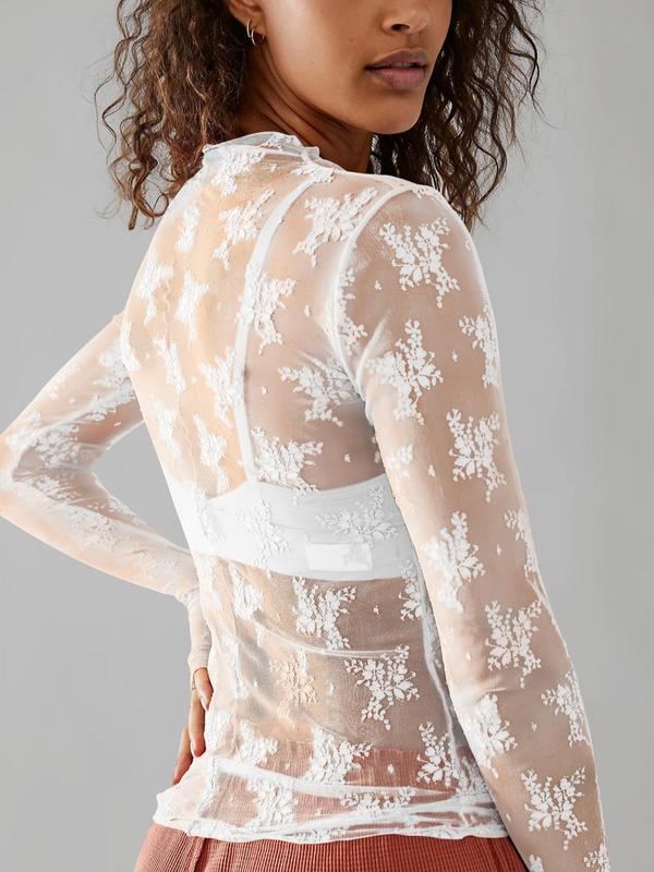 【Plus Size】 Floral Lace Sheer Top Set, Long Sleeve Tops for Women, Women's Clothing for Summer 5