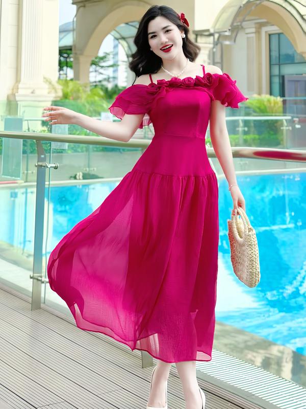 [MIỄN SHIP] MDU4122 Váy Tơ Vân Hàn 2 Lớp - Thiết Kế Dáng Xòe Thanh Lịch Dành Cho Nữ Women Màu Hồng Dress 1