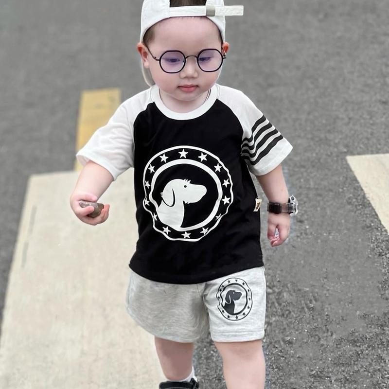 [kho sỉ mẹ gạo] Bộ Quần, Áo hè Bé Trai Chú Cún Màu Đen Phối Trắng Viền Tay và Quần Xám Chất Coton. Size 8-30kg Cotton Cho Bé Jean