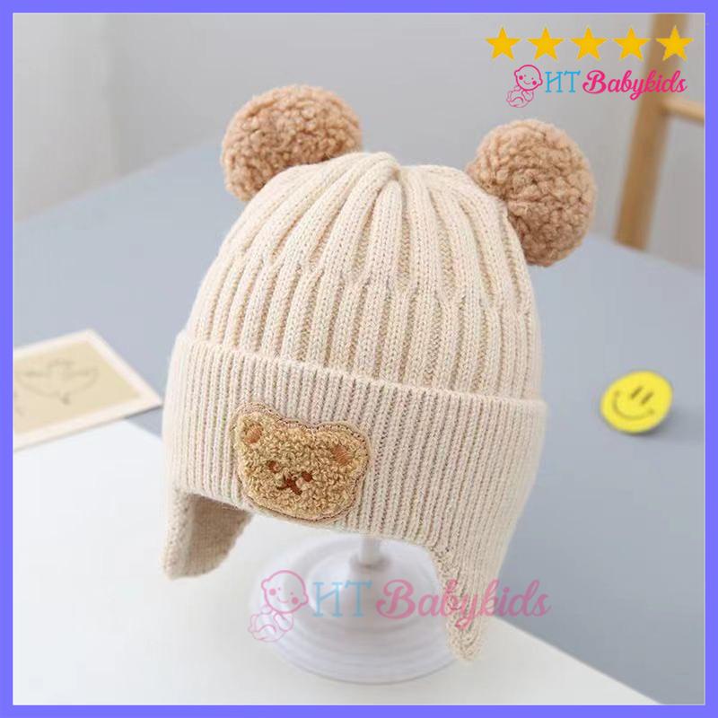 Mũ nón len bịt tai Gấu Htbabykids - Nón dệt kim mùa đông cho bé đính hình gấu tai bông dễ thương